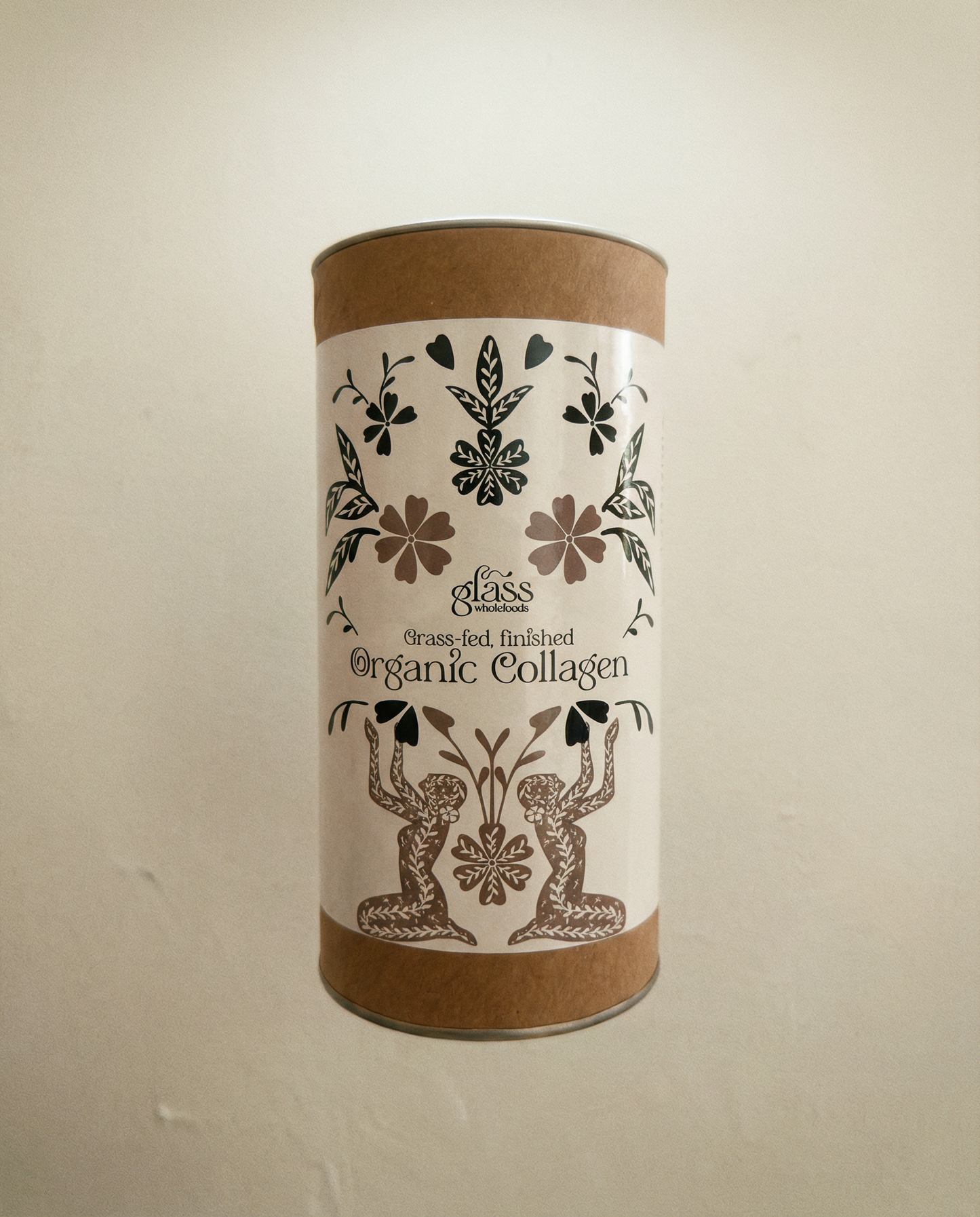 Glass Wholefoods Organic Collagen 400G powder in a reusable glass jar with botanical label