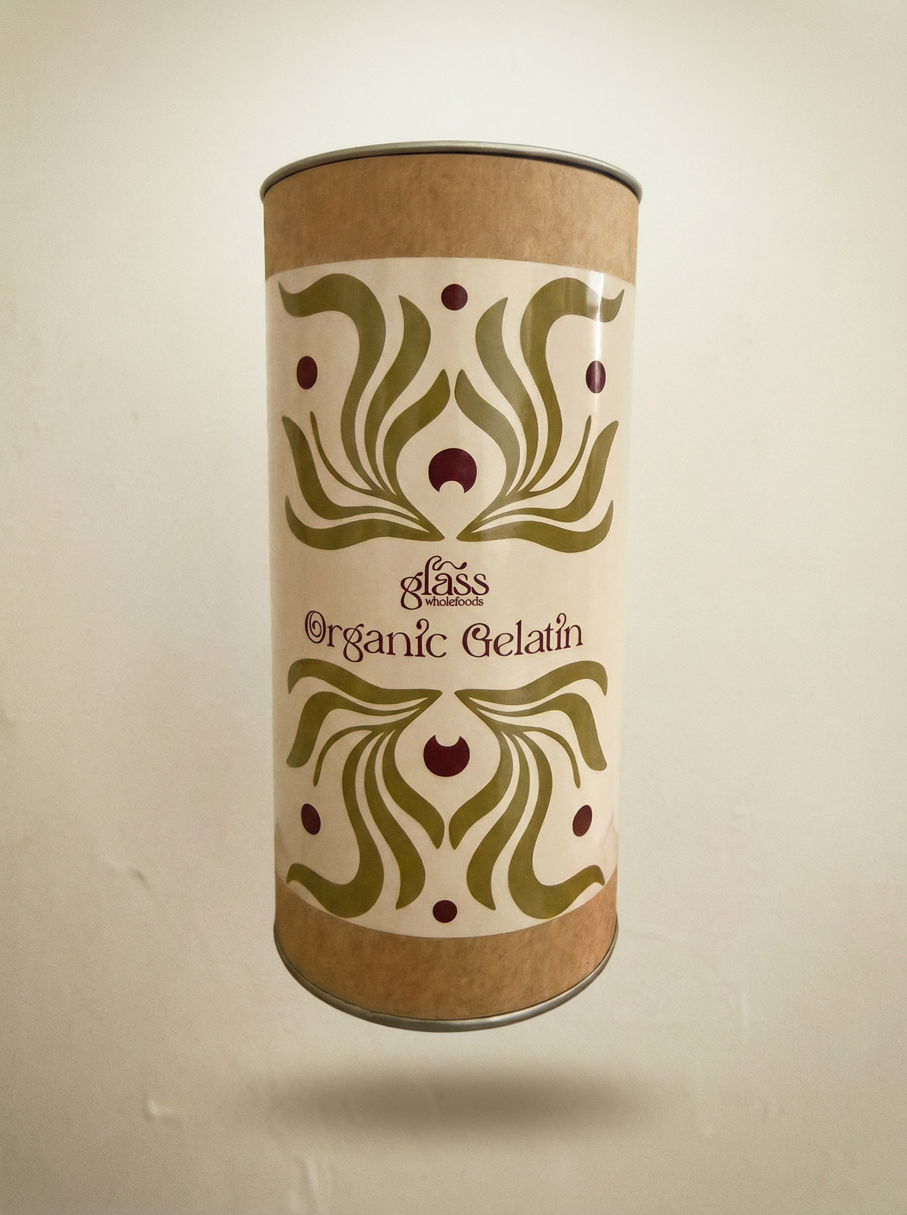 Glass Wholefoods Organic Gelatin 450G powder in a reusable glass jar with botanical label