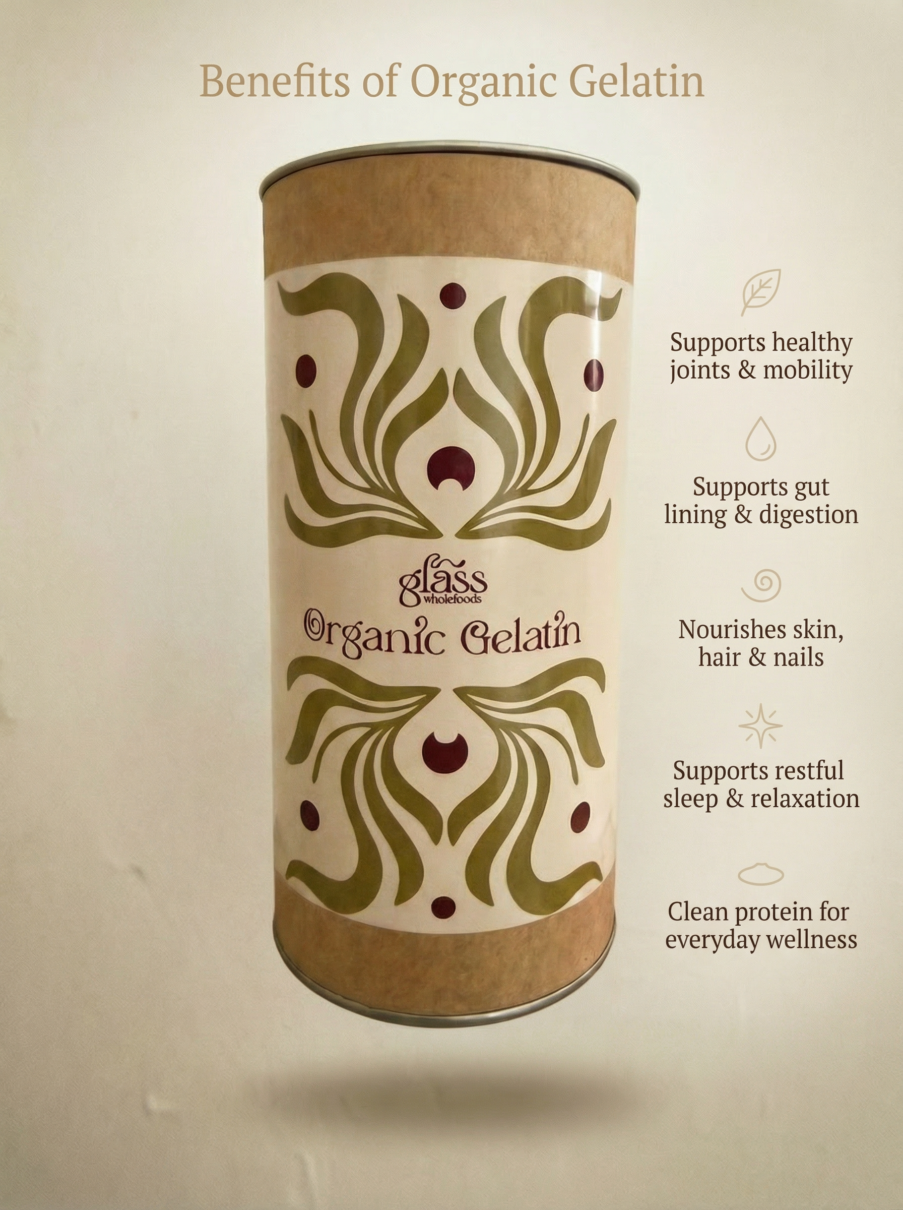 Benefits of Glass Wholefoods Organic Gelatin infographic showing product jar and feature list