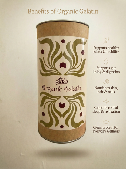 Benefits of Glass Wholefoods Organic Gelatin infographic showing product jar and feature list