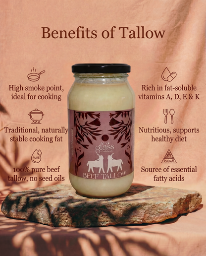 Glass Wholefoods Beef Tallow benefits infographic showing high smoke point, fat-soluble vitamins A D E K, traditional cooking fat, 100% pure with no seed oils