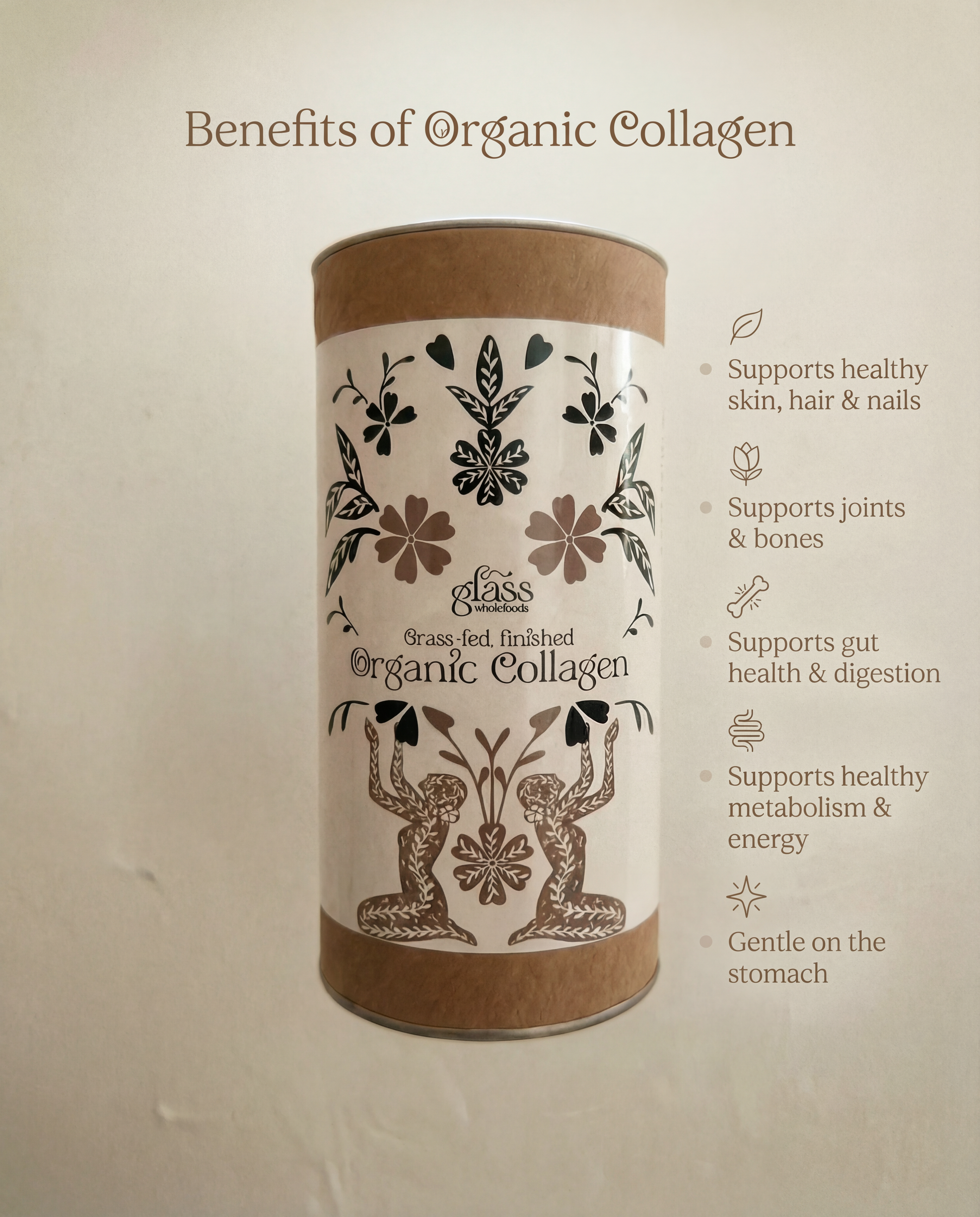 Benefits of Glass Wholefoods Organic Collagen infographic showing product jar and feature list